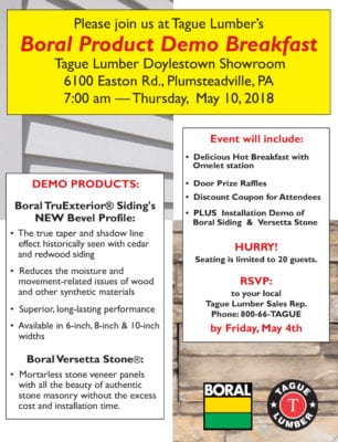 Boral & Versetta Stone FREE Product Demo & HOT Breakfast at Tague Doylestown Showroom