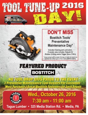 Bostitch Tool Tune-up Flyer for Oct 26th event in Media, PA.