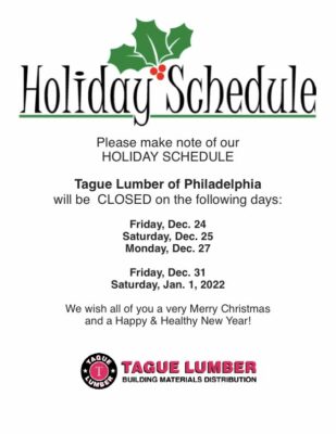 Tague Lumber of Philadelphia Специальное расписание 12/27/21