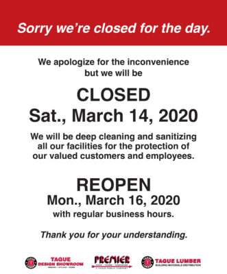 All locations closed for cleaning — Sat., March 14