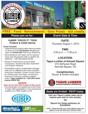 Tague Lumber Kennett Sq-AdvanTech/ZIP Contractor College(más 2 AIA CEUs)