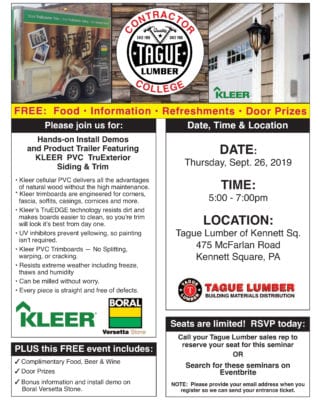 Колледж для подрядчиков Tague Lumber в Кеннетт Сквер - KLEER PVC Trim &amp; Siding