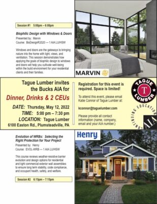 Dinner, Drinks & 2 CEUs At Tague of Doylestown featuring Marvin & Henry products