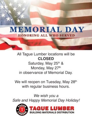 Memorial Day Schedule – Closed Sat., May 25 & Mon., May 27