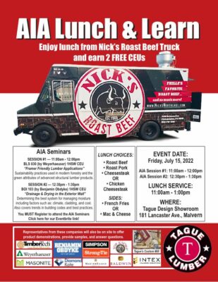 AIA Lunch &amp; Learn с Nick&#039;s Roast Beef Truck (8/15) в шоу-руме Tague Malvern