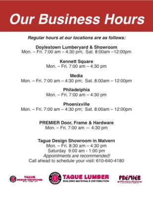 Business Hours at our Locations