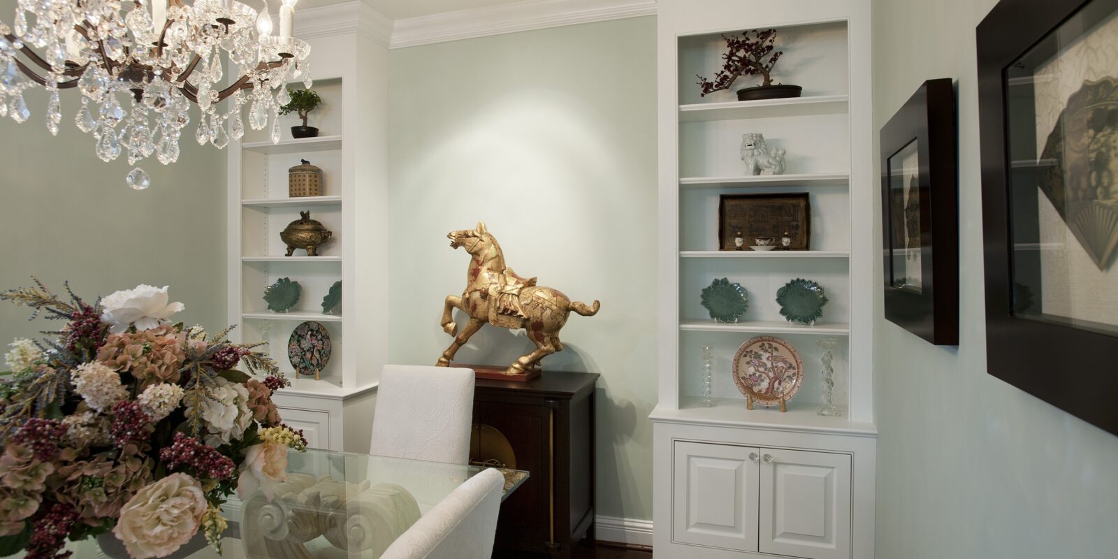 custom built-in bookcase in dining room