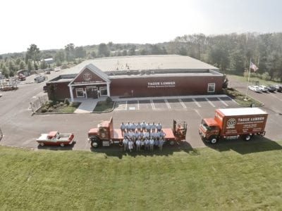 Doylestown lumber yard and staff in Plumsteadville Tague Lumber exterior aerial view