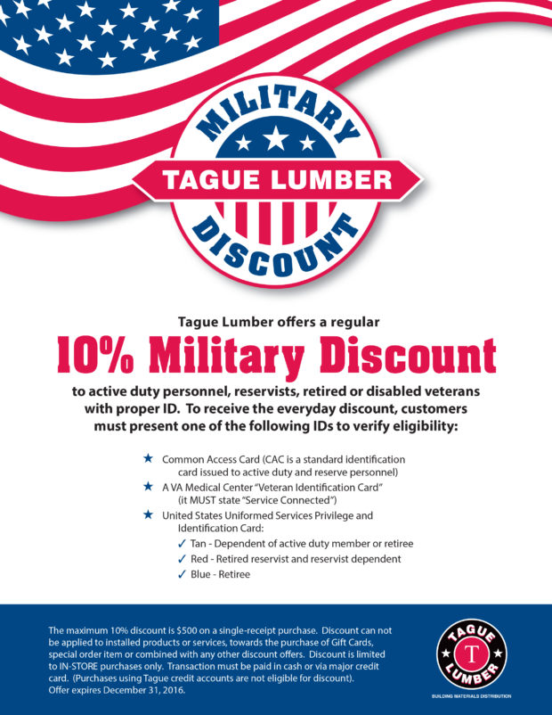 Tague Lumber’s Military Discount Program