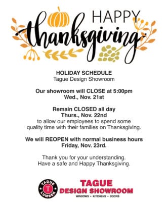 Tague Design Showrooms – Early Closing Nov. 21