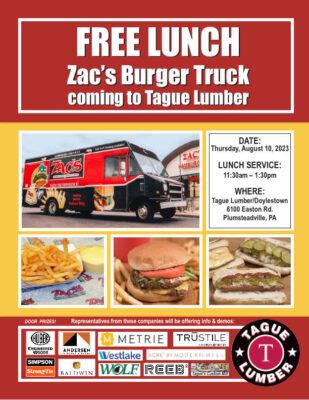 Free Zac’s Burger Lunch Truck at Tague Doylestown 8/10/23
