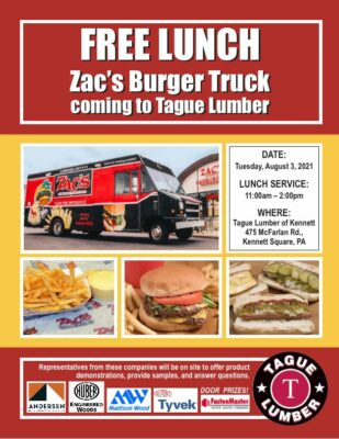 Almuerzo GRATIS de Zac's Burger Truck en Tague Lumber de Kennett Sq.