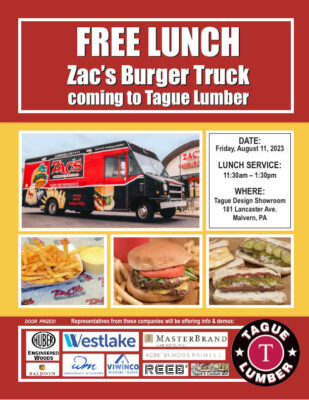 Zac's Burger Lunch Truck gratis en la sala de exposiciones de Tague Malvern el 8/11/23