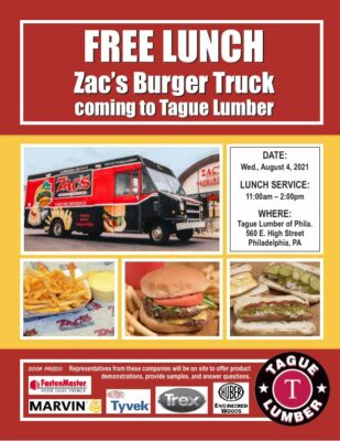 Almuerzo GRATUITO de Zac's Burger Truck en Tague Lumber de Phila.