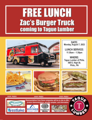 Free Lunch –Zac’s Burger Truck at Tague Philadelphia 8/7/23