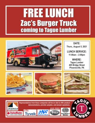 Almuerzo GRATIS de Zac's Burger Truck en Tague Lumber de Phoenixville