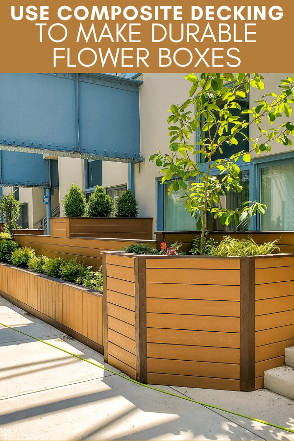 Use composite decking to make durable planter boxes alongside a deck or walkway. These flower boxes give the space a polished look made with low maintenance, long-lasting material.