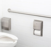 commercial washroom accessories including grab bars and soap dispensers