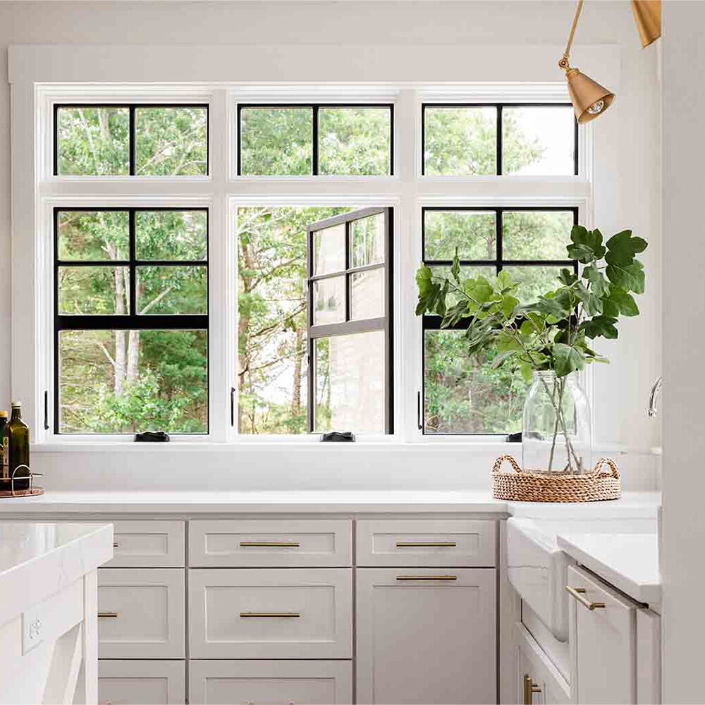 trendy black Marvin casement windows with transom available at Tague Lumber